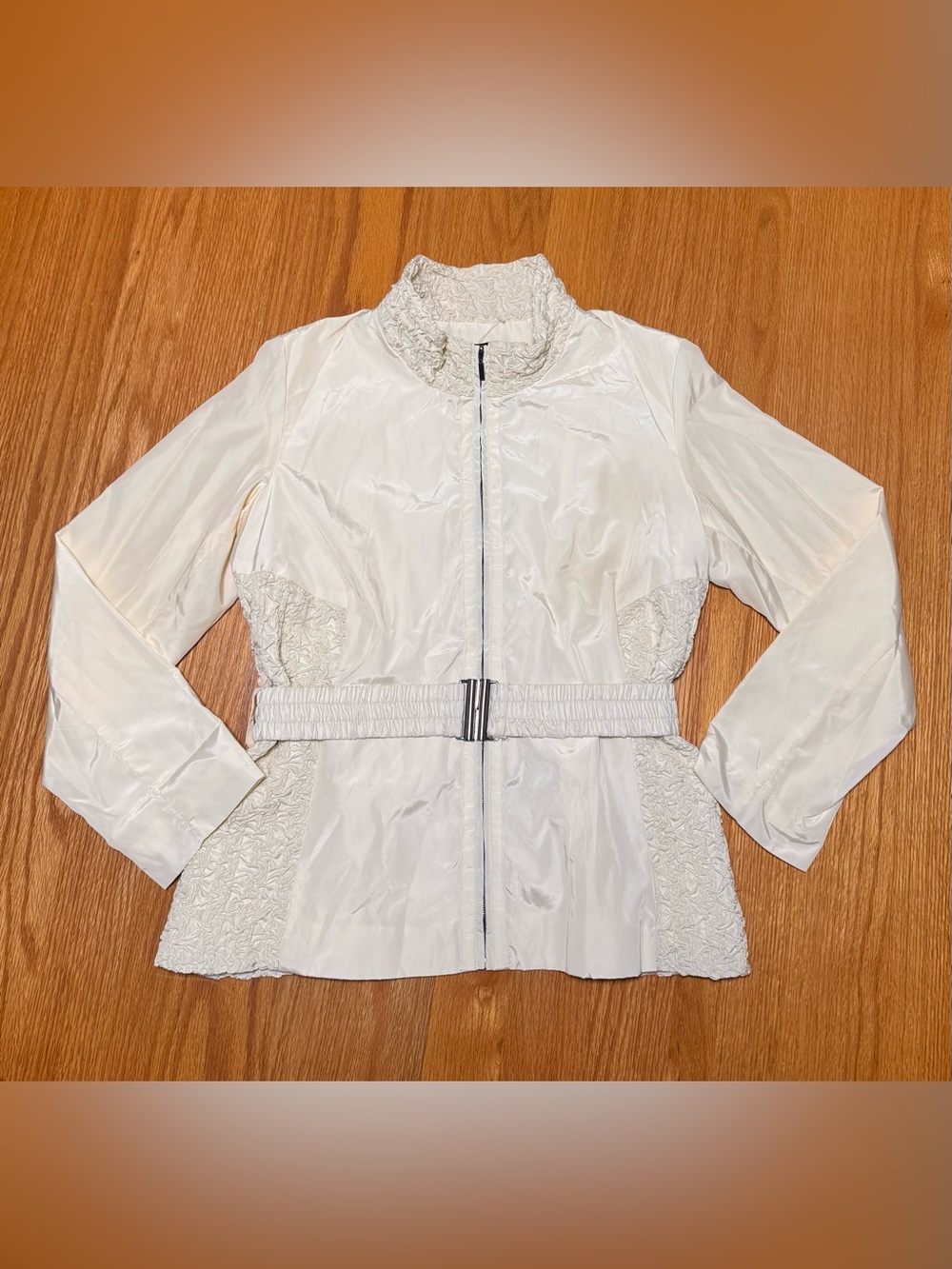 Women's Light Cream Belted Trench Coat with Textured Panels